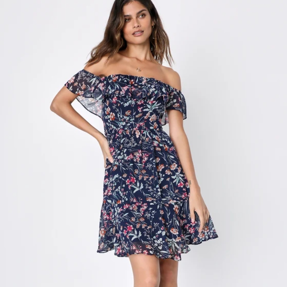Lulu's My Favorite Navy Blue Floral Print Off-the-Shoulder Dress